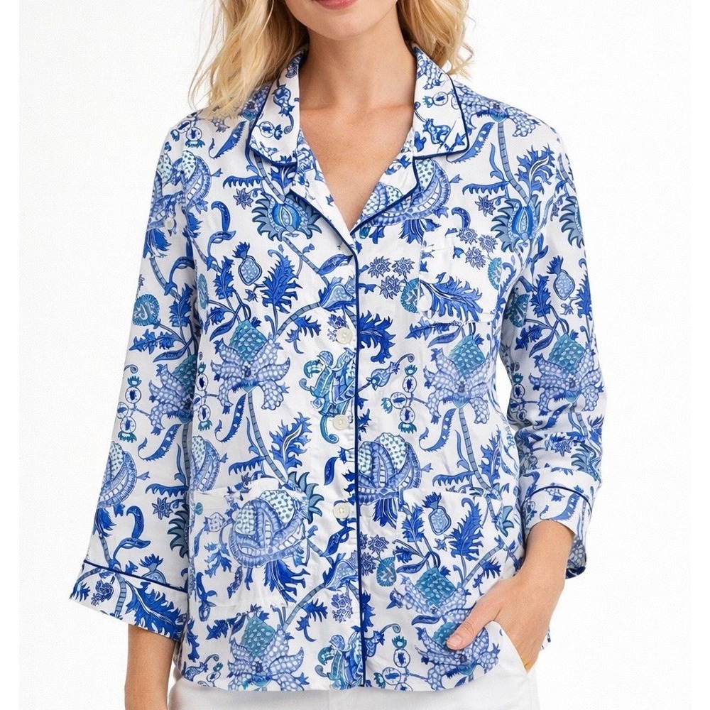 Roller‎ Rabbit Amanda Blue 100% Cotton Pajama Top M Block Print Coastal Boho